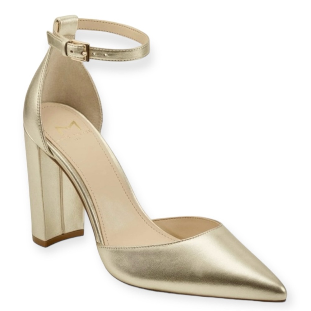 MARC FISHER Arnette Pump Ankle Strap Pointed Toe Chunky Heel Gold Leather NWT